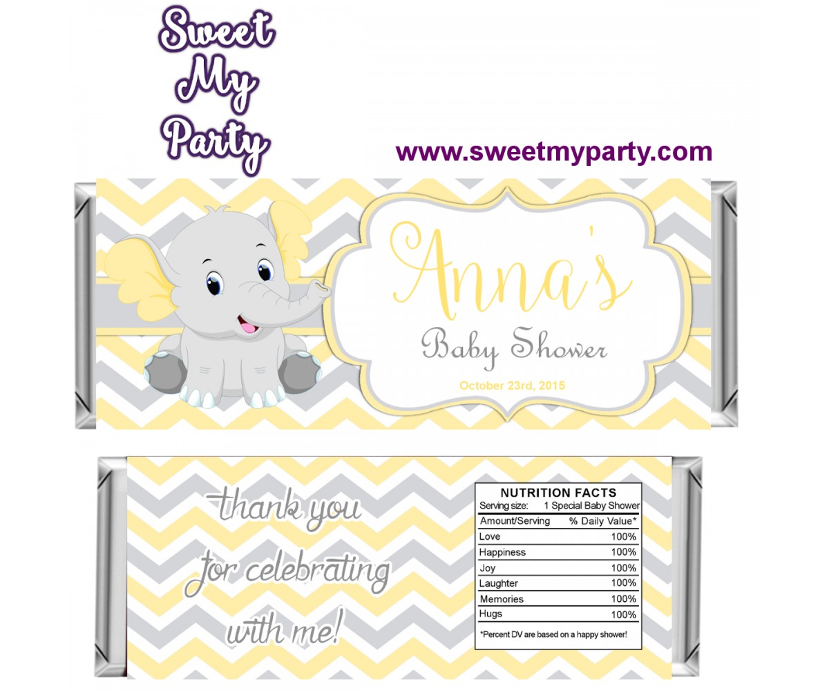 Yellow and grey elephant baby shower candy bar wrappers,(006ebs)